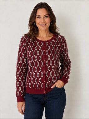 Talbots NWT Pure Marino Wool Geometric Button-Up Cardigan Sweater Burgundy XLP